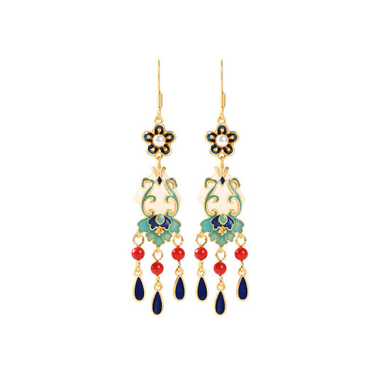 Ethnic Style Fancy Floral Pearl and Jade Tassels Chandelier Earring
