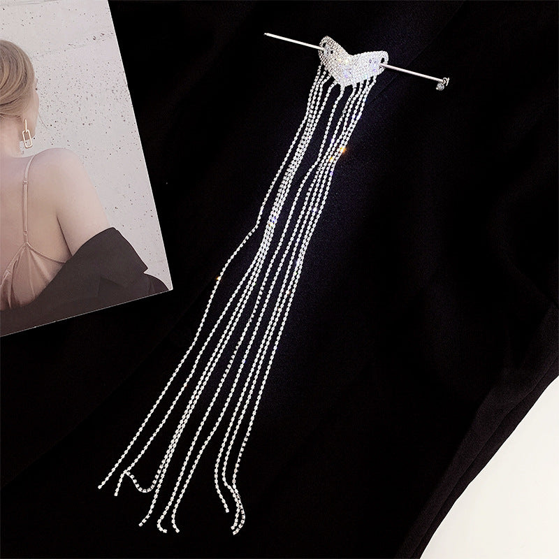 Chic Shining Silver Rhinestone Long Tassel Hairpin