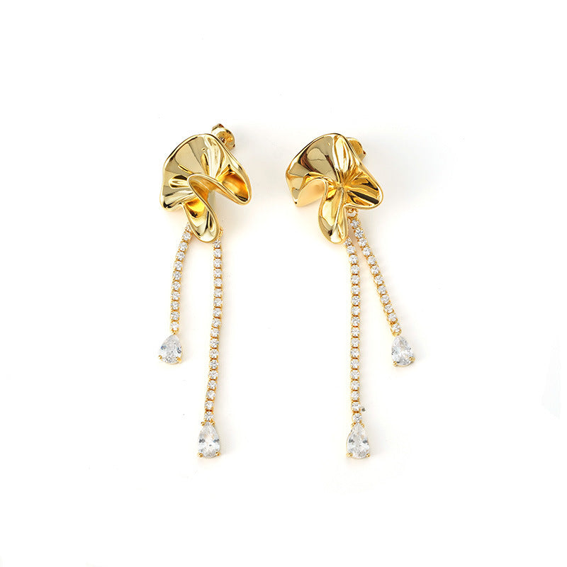 Designer 18K Gold Plated Flower Crystal Tassel Drop Earring