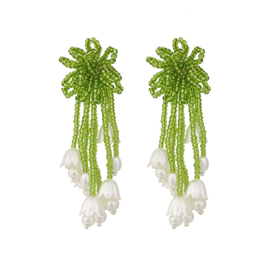 Fresh Green Beaded Floral Tassel Earring