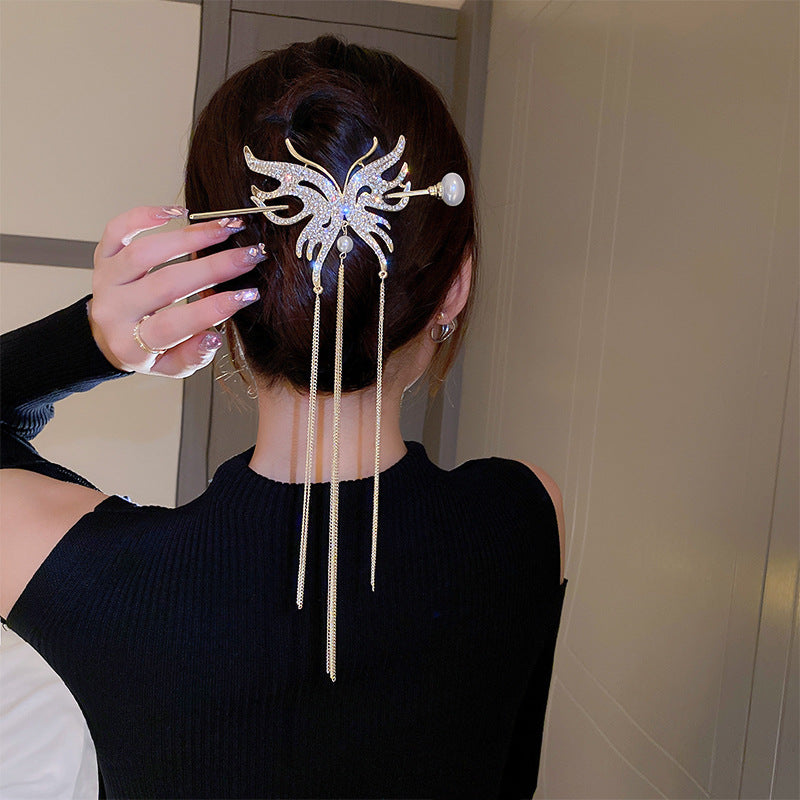 Designer Rhinestone Shining Butterfly Tassel Hairpin