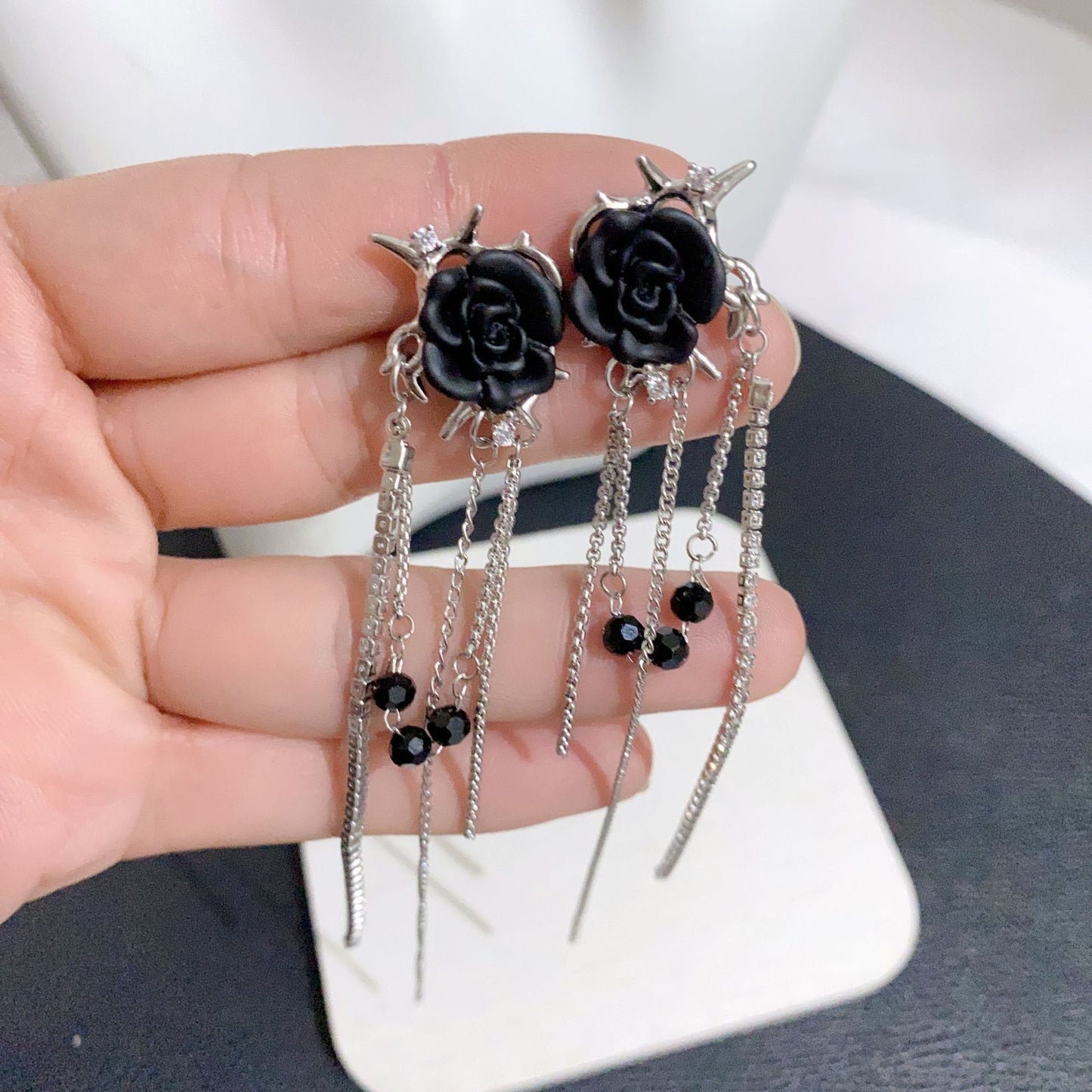 Unique Designer Black Rose Tassel Chandelier Earring No Piercing