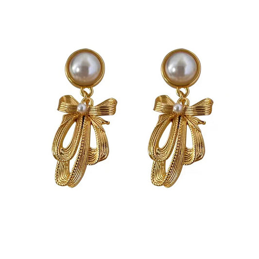 Vinrtage Elegant Bow Pearl Drop Earrings