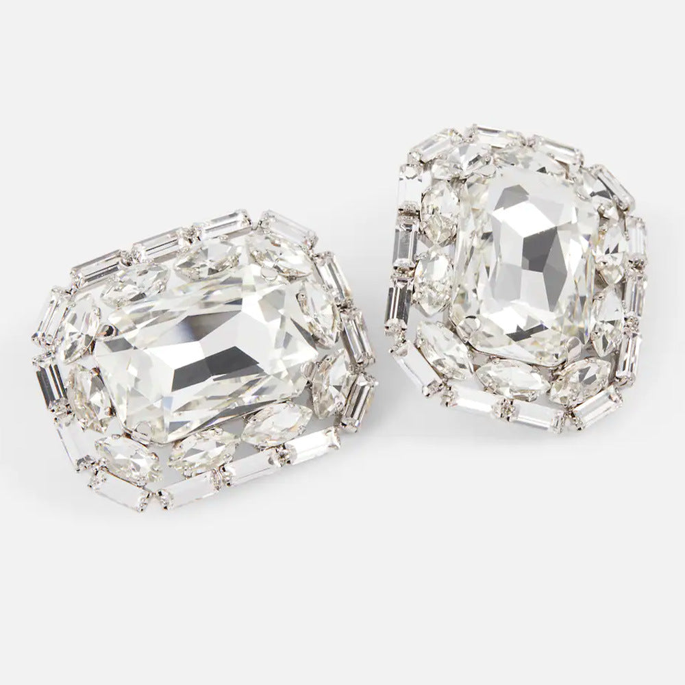 Geometric Statement Rhinestone Silver Clip on Earring (no piercing)