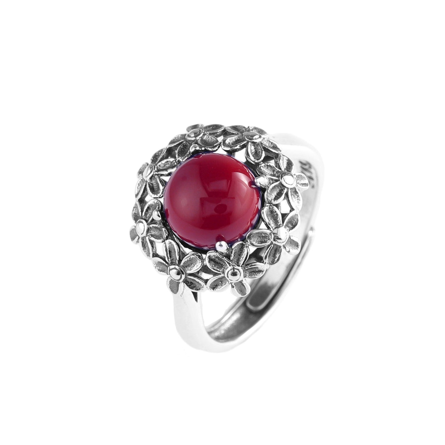 S925 Silver Floral Round Agate Opening Ring