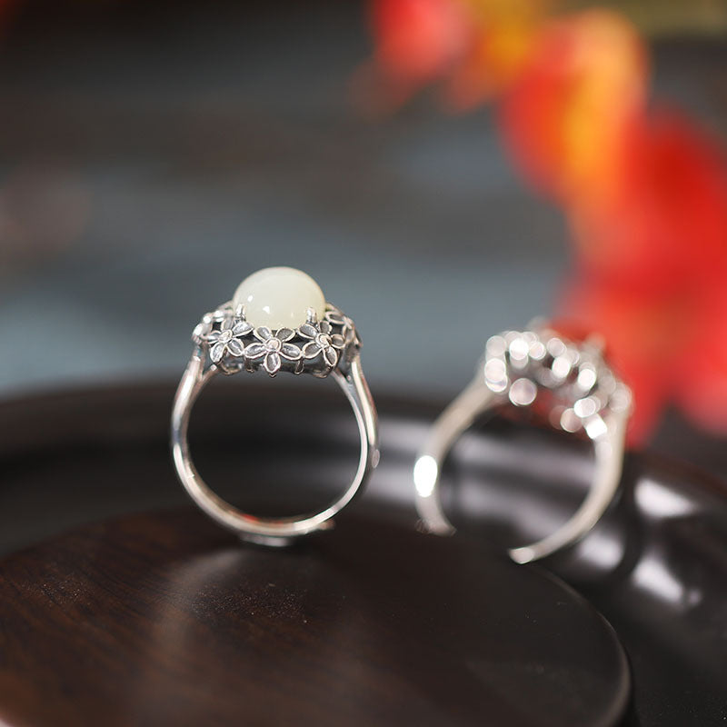 S925 Silver Floral Round Agate Opening Ring