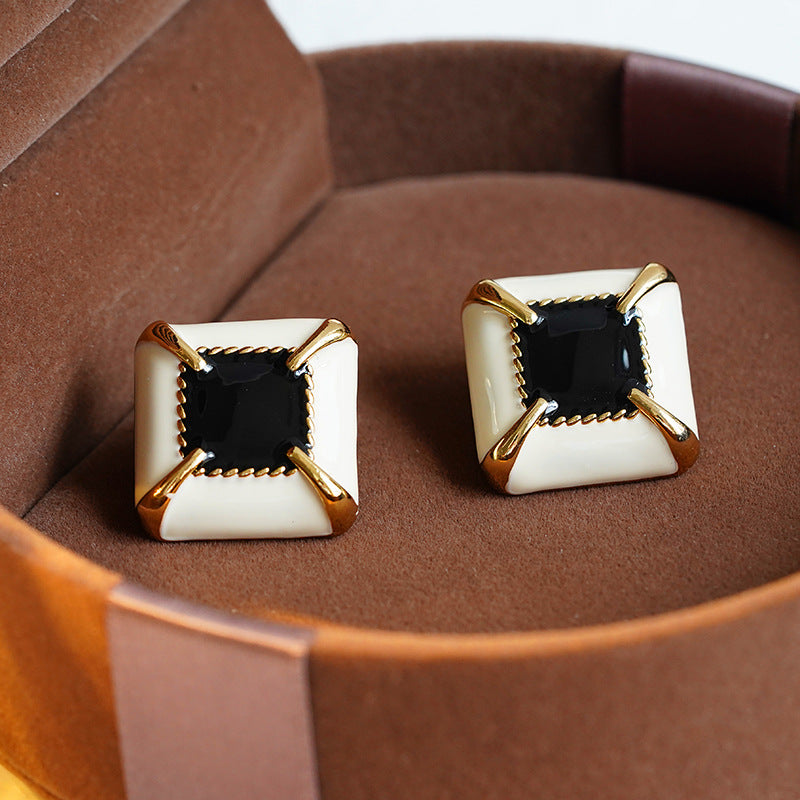 Vintage Square Black and White Button Stud Earring