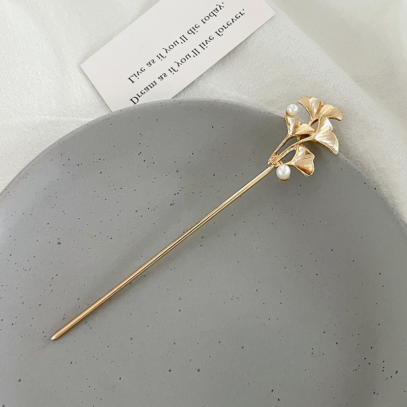 Vintage Ginkgo Leaf Pearls Metal Hair Stick