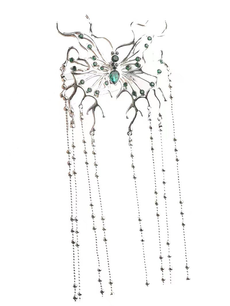 Chic Silver Butterfly Green Rhinestone Designer Tassel Hairpin