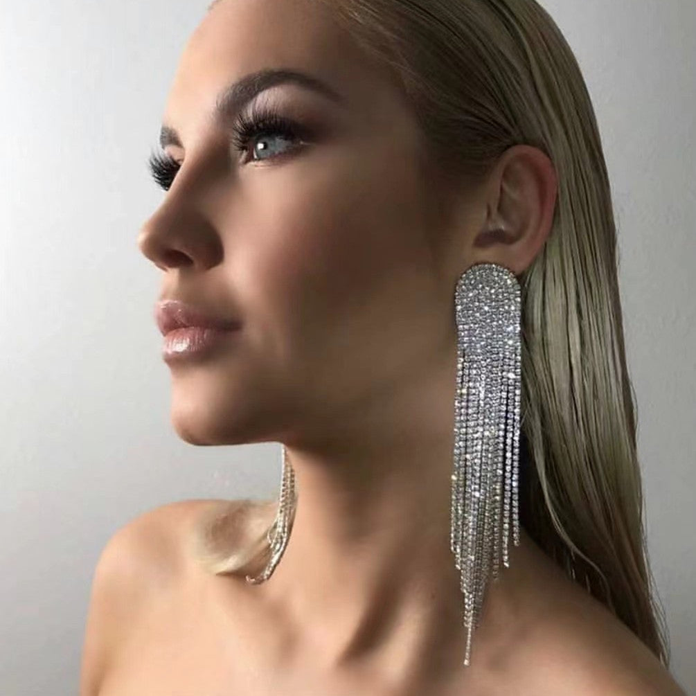 Long Rhinestones Tassel Earrings Crystal Chandelier Tassel Long Big Statement Chain Dangle Drop Earrings for Women and Girls