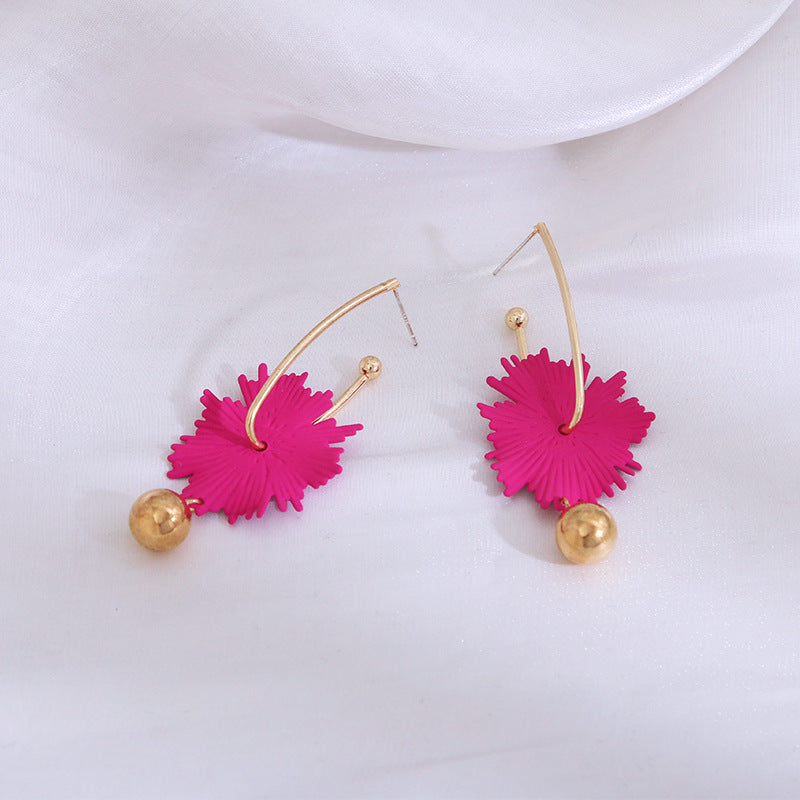 Irregular Hot Pink Flower Statement Ball Drop Earrings