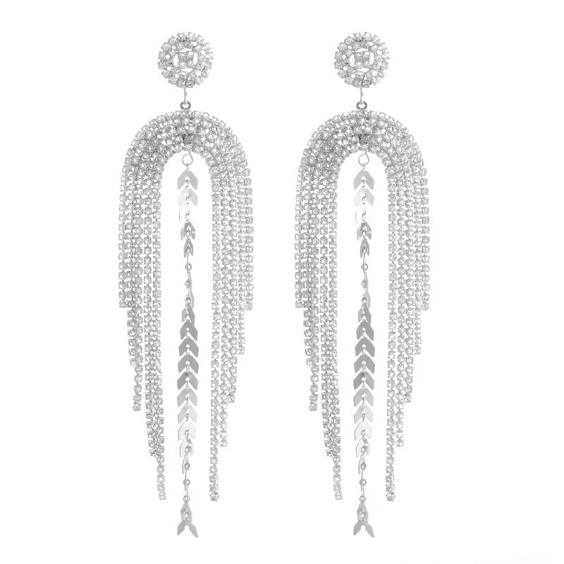 Fancy Long Silver Rhinestone Tassel Chandelier Earrings