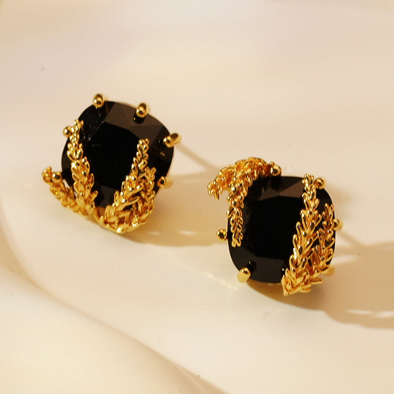 Small Black Zircon and Goldern Wheat Geometric Designer Ear Stud