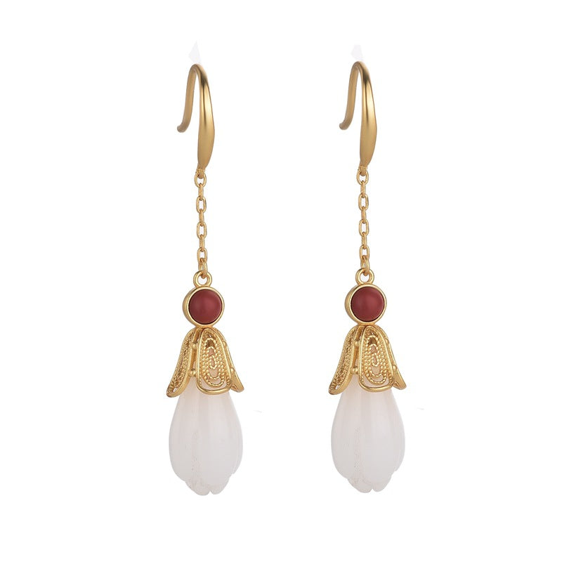 Elegant Floral Gold Plated and White Jade Drop Earring