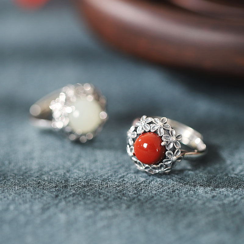 S925 Silver Floral Round Agate Opening Ring