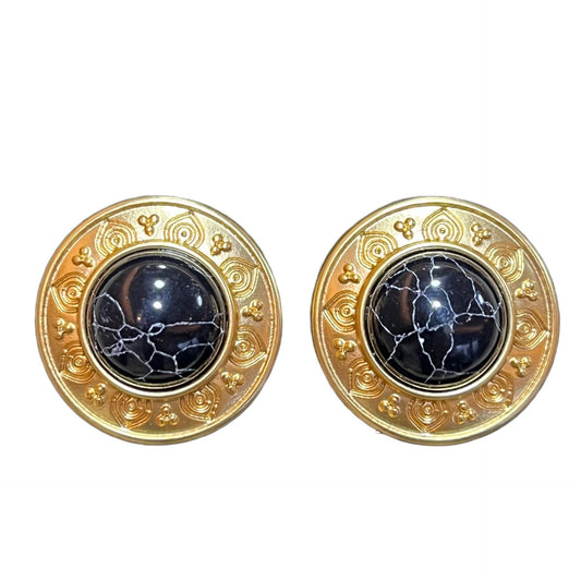 Vintage Stylish Yellow Gold with Black Onyx Button Stud Earring