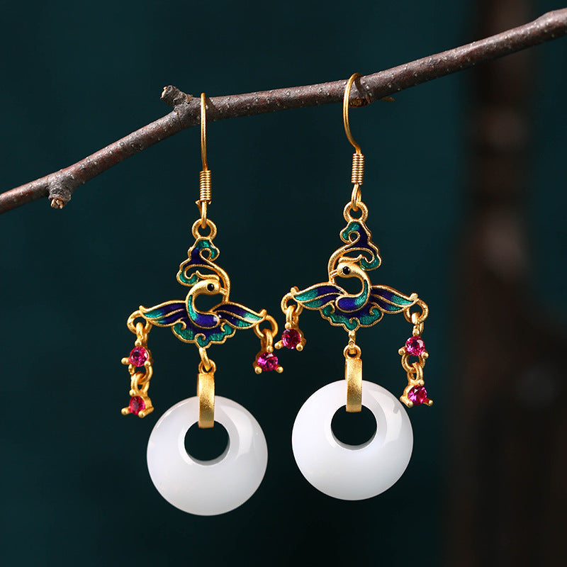 Chinese Vinatge Birds and Round Jade Earring