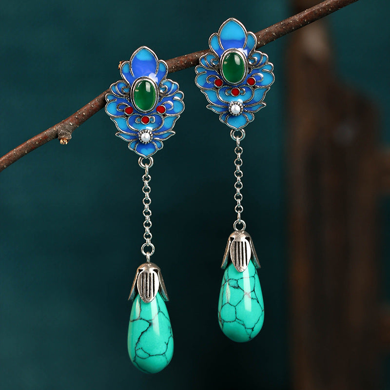 Designer Chinese Style Personalized Flower and Turquoise Drop Earring