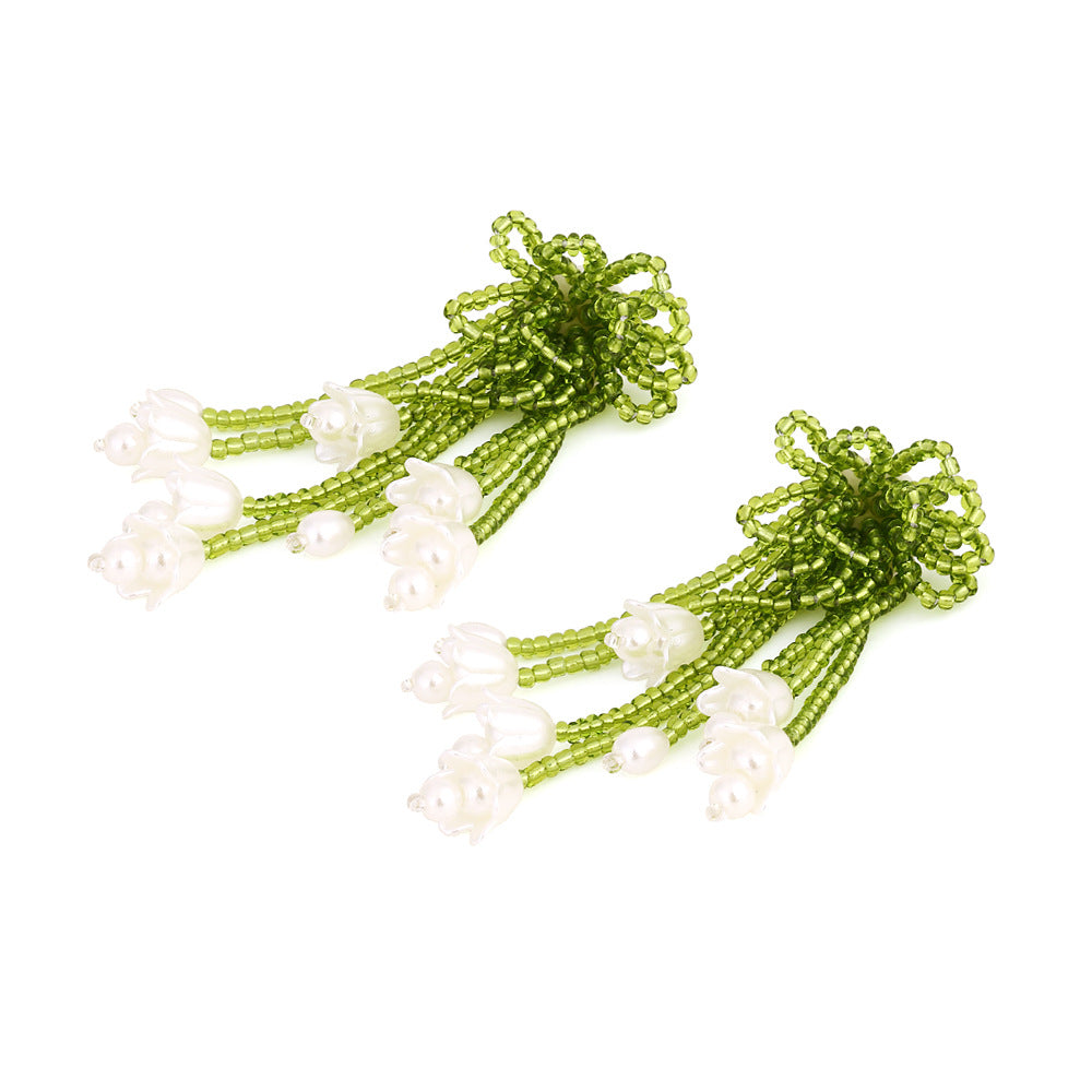 Fresh Green Beaded Floral Tassel Earring