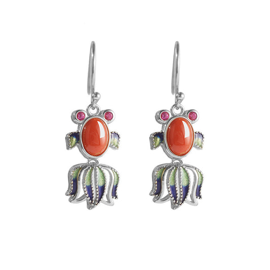 S925 Silver Lucky Fish Red Agate Drop Earring
