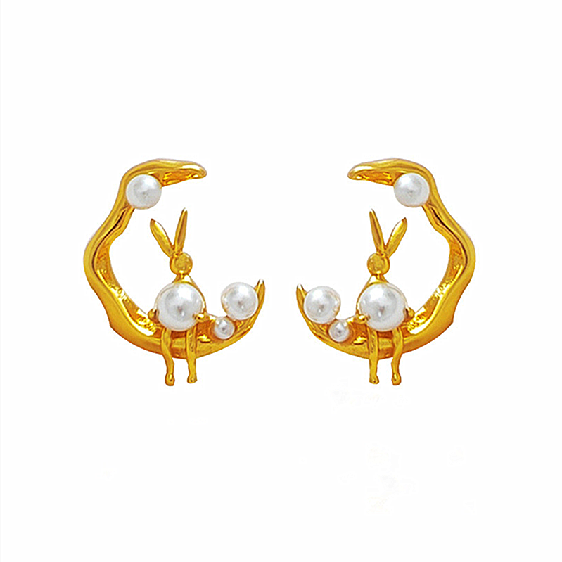 Cute Designer Rabbit in the Moon Pearl Stud Earring