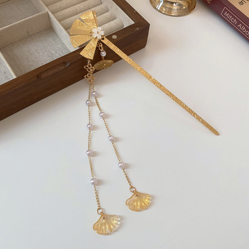 Chinese Style Gold Fan Floral Tassel Hairpin