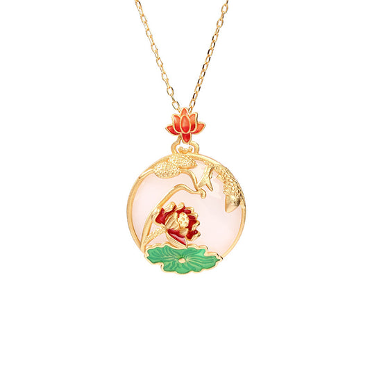 Chinese Traditional Enamel Lotus Floral Necklace