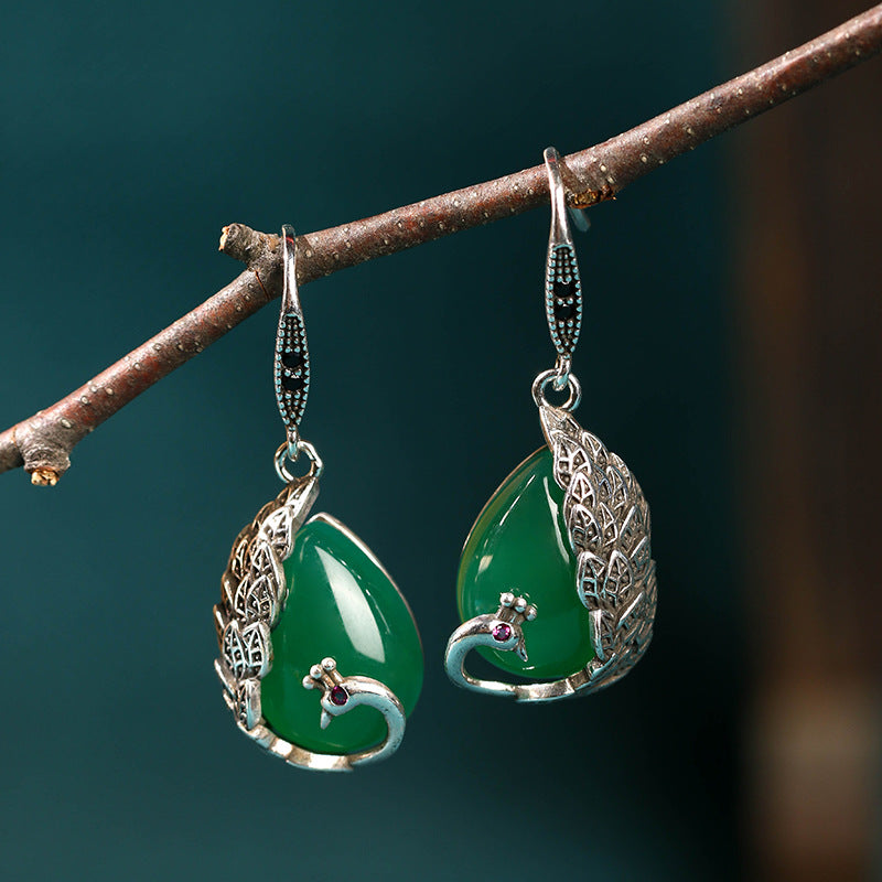 Green Natural Stone Peacock Earrings