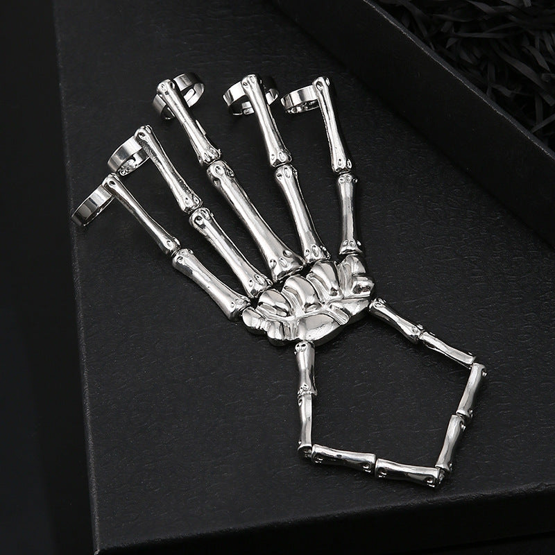 Men/ Women Punk Hand Bone Bracelet with Ring Skull Fingers Wristband Ghost