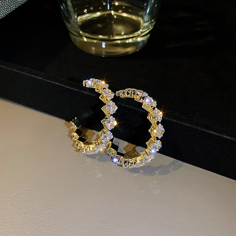 Exquisite Shining Zircon Geometric C Shape Hoop Earrings