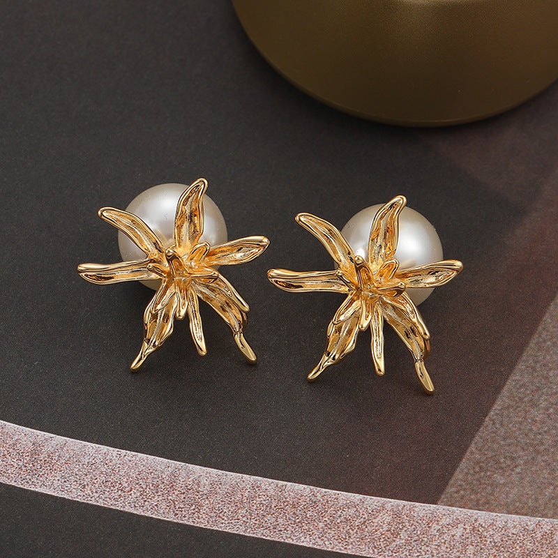 Fresh Gold Flower and Pearl Front and Back Earring