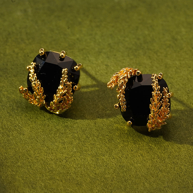 Small Black Zircon and Goldern Wheat Geometric Designer Ear Stud