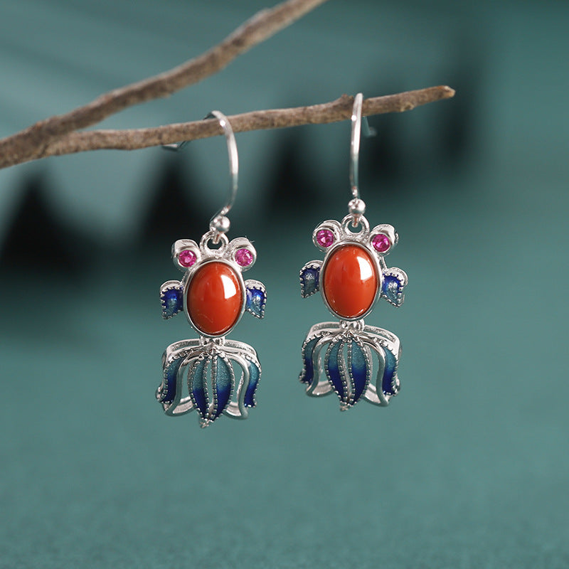 S925 Silver Lucky Fish Red Agate Drop Earring