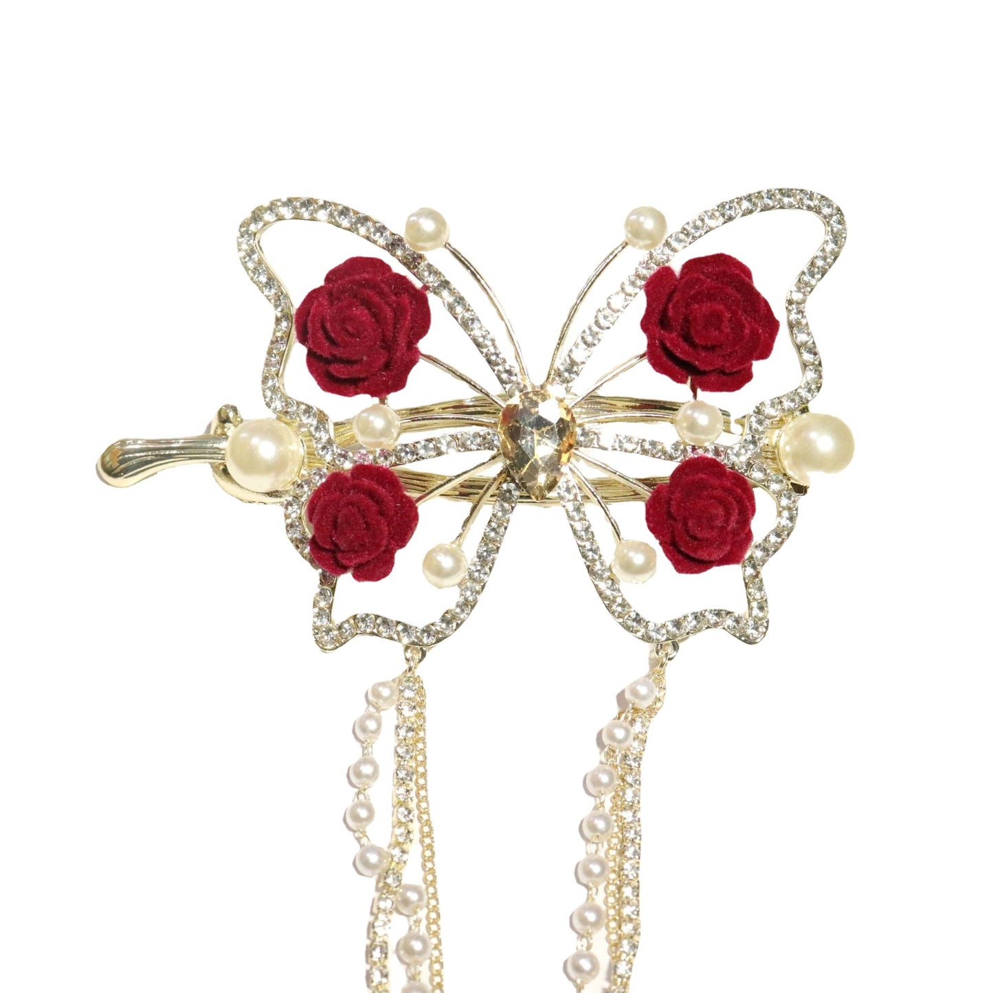 Designer Gold Butterfly and Red Rose Rhinestone Pearl Hairpin