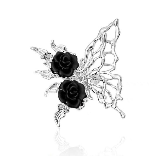 Silver Butterfly & Black Rose Adjustable Ring