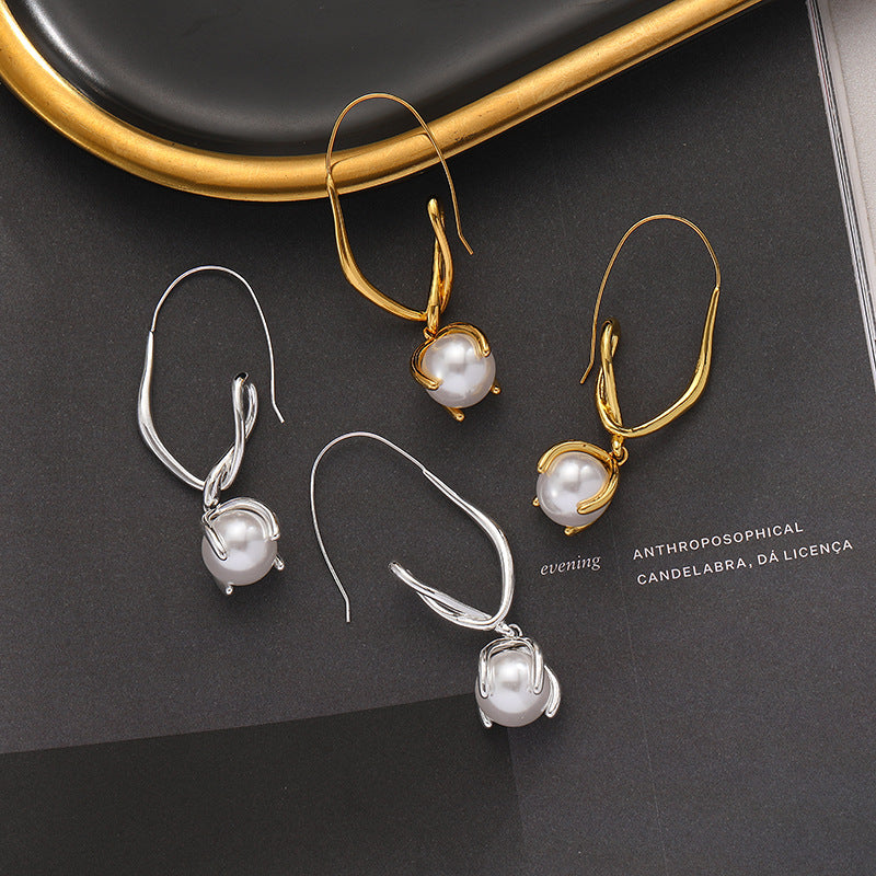 Trendy Elegant Geometric Pearl Earrings Simple Design Ear Hooks