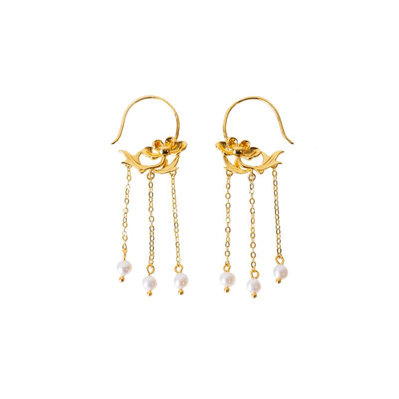 Vintage Gold-Plated Floral Tassel Pearl Earring