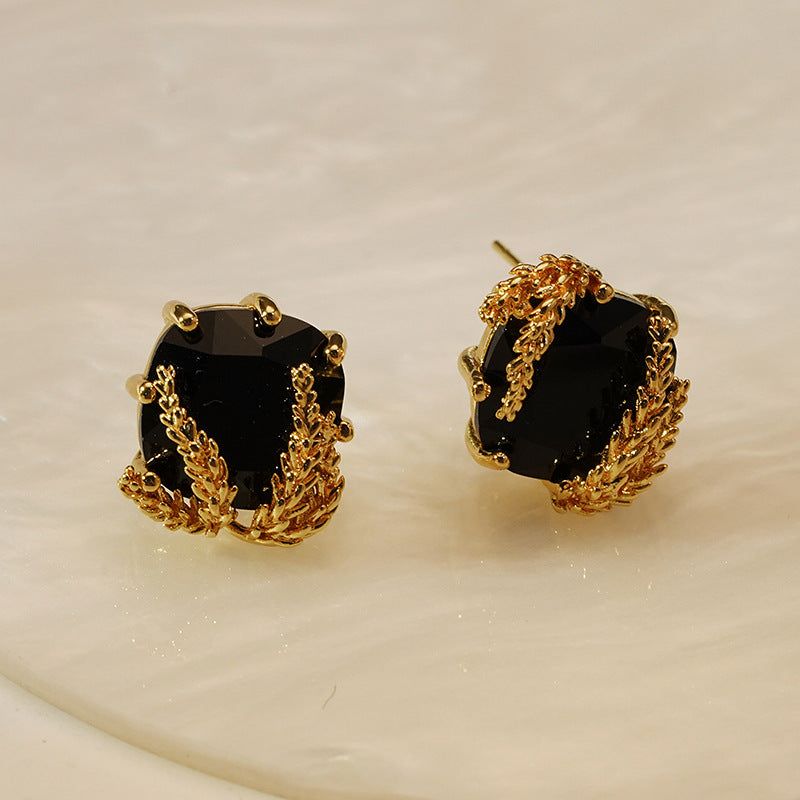 Small Black Zircon and Goldern Wheat Geometric Designer Ear Stud