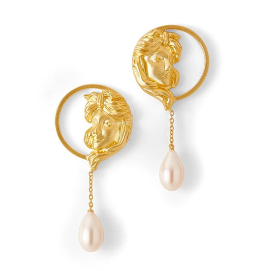 18K Charming Gold Retro Portrait and Pearl Drop Earring