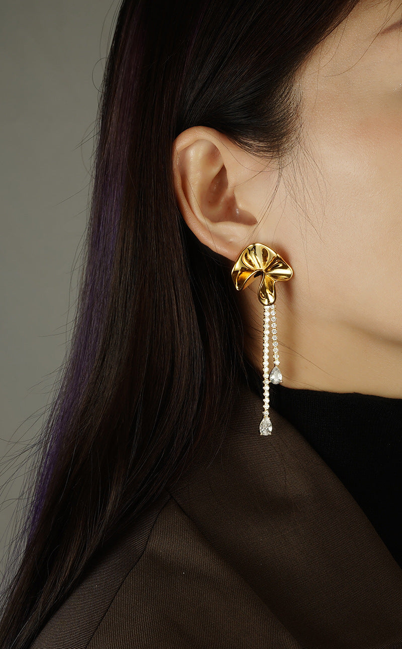 Designer 18K Gold Plated Flower Crystal Tassel Drop Earring