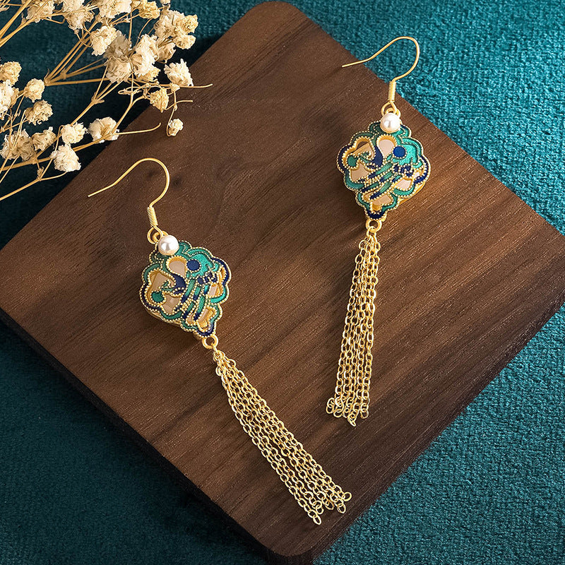 Chinese Style Ethnic Unique Chic Green Tassel Drop Earring
