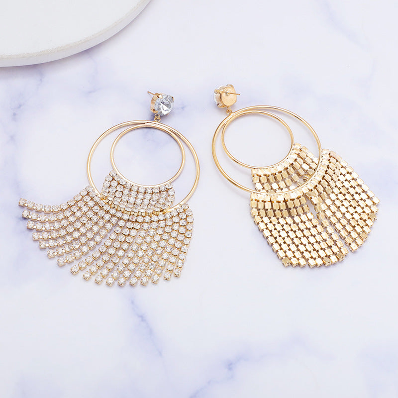 Trendy Alloy Long Tassel Double Hoop Crystal Earring