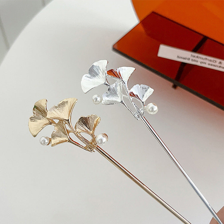 Vintage Ginkgo Leaf Pearls Metal Hair Stick