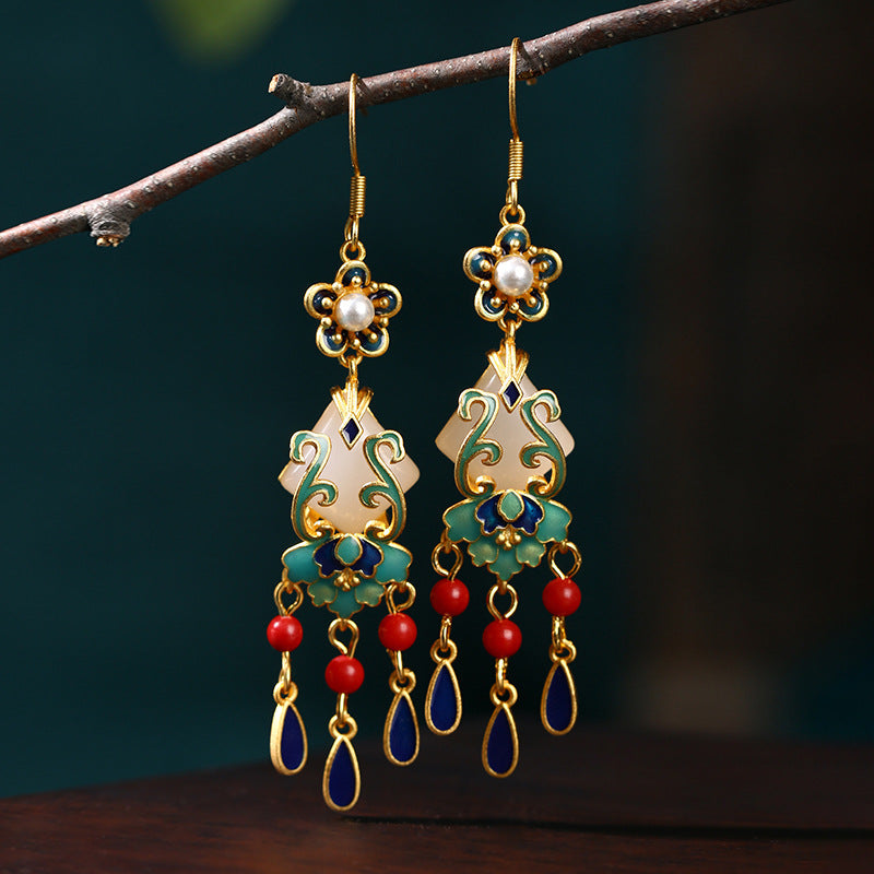 Ethnic Style Fancy Floral Pearl and Jade Tassels Chandelier Earring