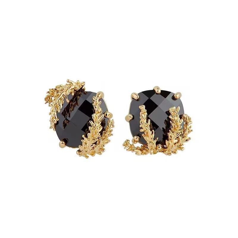 Small Black Zircon and Goldern Wheat Geometric Designer Ear Stud