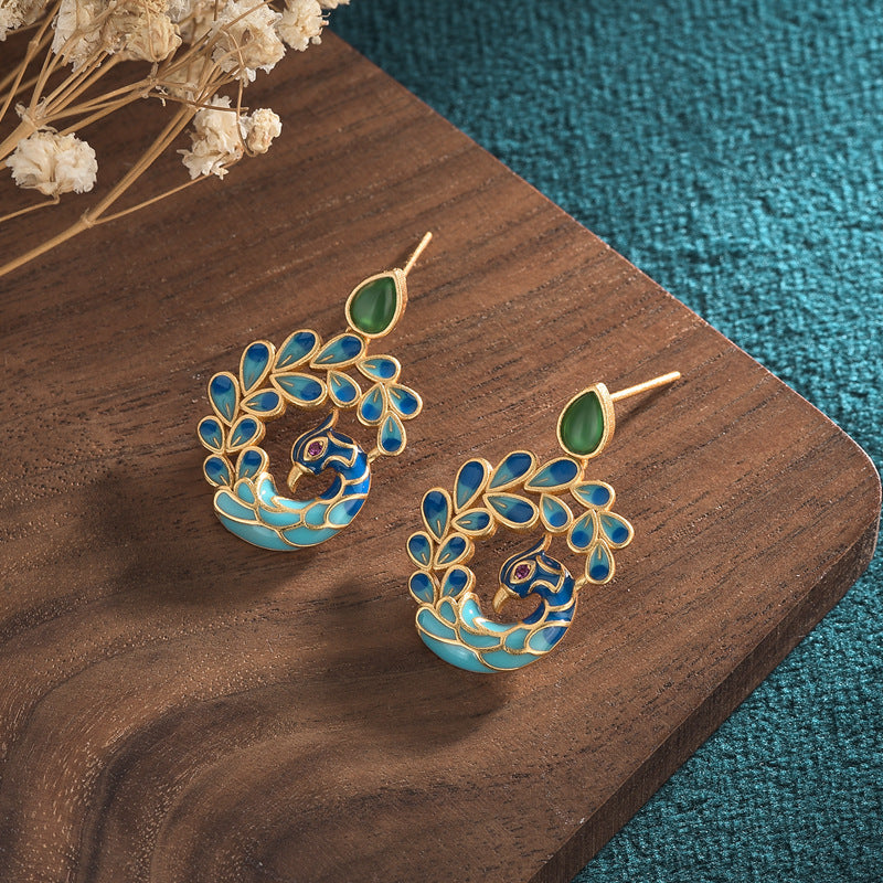 Green Jade Peacock Earrings for Women Ear Studs