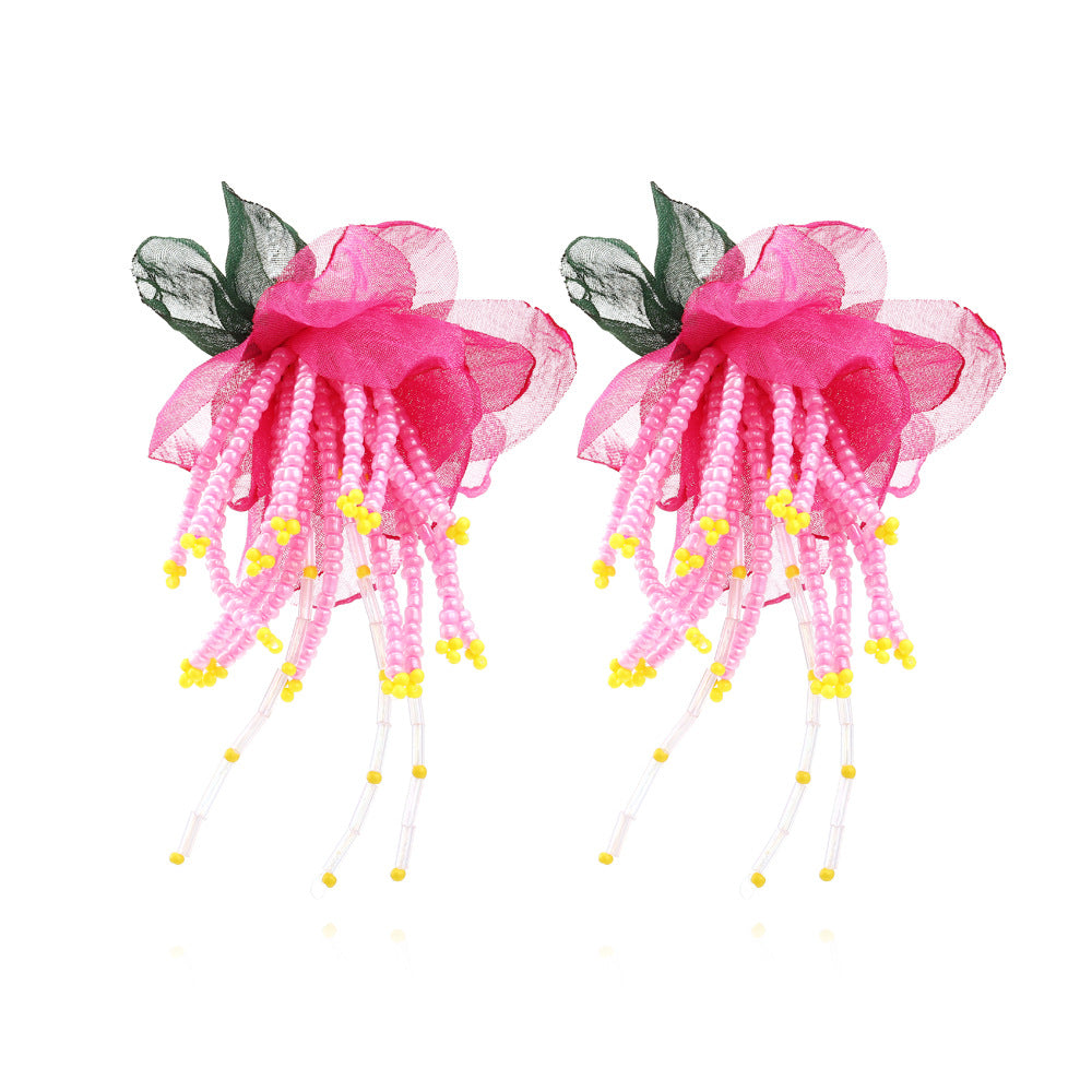 Sweet Statement Chiffon Floral Beaded Tassel Earring