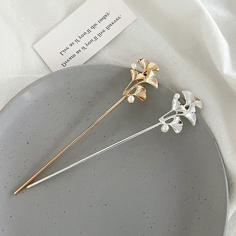 Vintage Ginkgo Leaf Pearls Metal Hair Stick