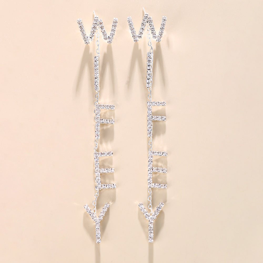 Rhinestones Long Letter Earrings Bridal Body Jewelry Crystal Tassel Pendant Earrings