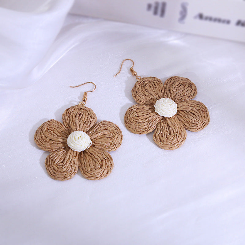 Raffia Flower Earrings Drop Dangle Handmade Women Party Jewelry Gifts